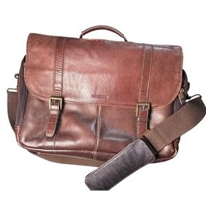 Samsonite Brown Leather Messenger Bag Laptop Briefcase Flap Over Business Travel